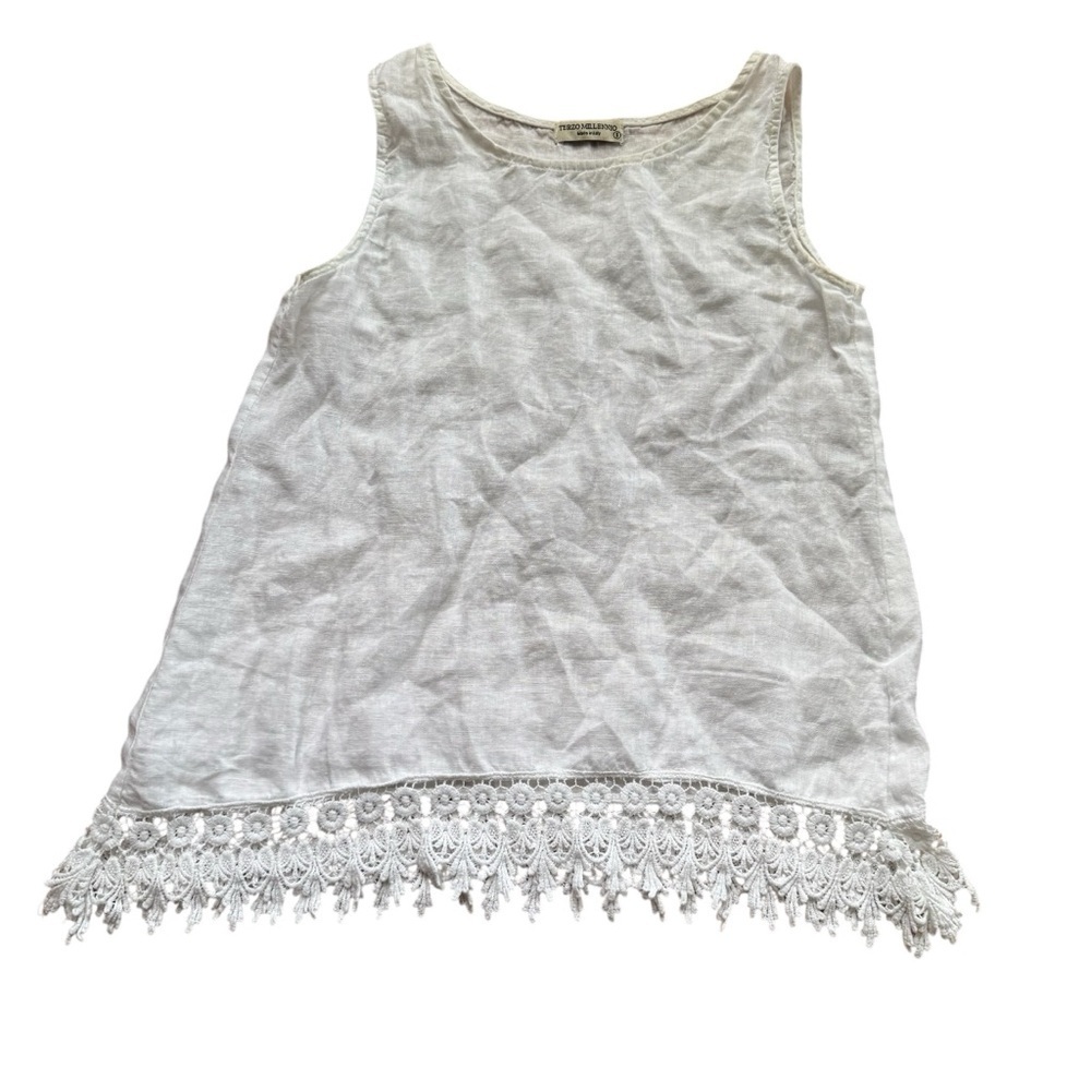 Terzo Millennio White 100% Linen Tank Top Lace Sleeveless Boho Coastal Italy S - Picture 2 of 8